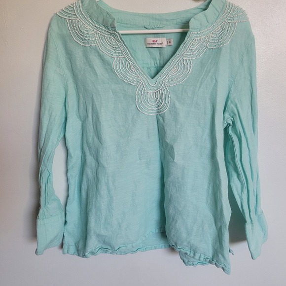 Vineyard Vines Tops - Vineyard Vines Linen Blend Beaded V Neck Tunic Top Women's M Aqua Teal Turquoise